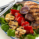 Red Pepper, White Mushroom & Blue Potato Skewers